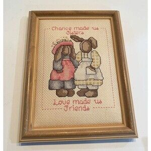 Cross Stitch Vintage Bunnies Framed "Chance Made Us Sisters" Finished 80's